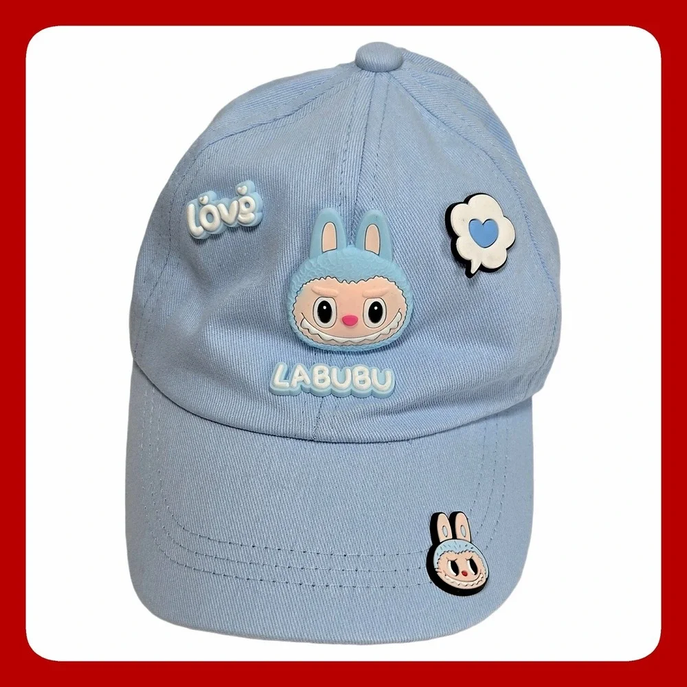Pop Mart Labubu Kids Light Blue Cotton Twill Baseball Cap Adjustable Hat patches